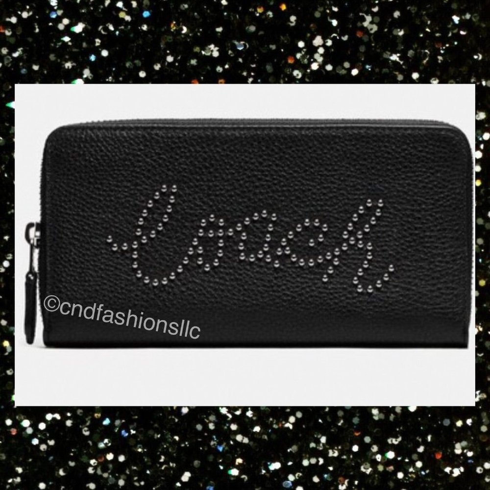 COACH BLACK LEATHER Accordion Zip Wallet w/Studded Coach Script + TISSUE PAPER